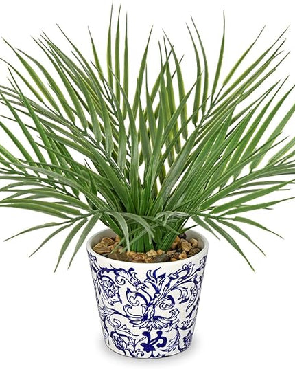 Hollyone Large Artificial Potted Plants Fake Palm Plants 13" Faux Green Plant Plastic Tropical Palm Tree in Blue and White Porcelain Ceramic Pots for Home Room Office House Indoor Decoration