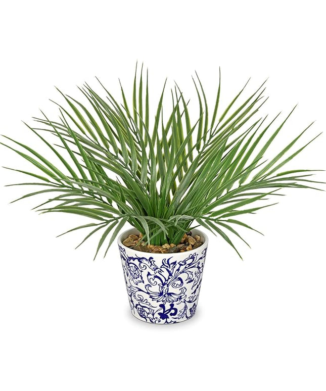 Hollyone Large Artificial Potted Plants Fake Palm Plants 13" Faux Green Plant Plastic Tropical Palm Tree in Blue and White Porcelain Ceramic Pots for Home Room Office House Indoor Decoration