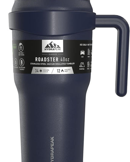 Hydrapeak Roadster 40oz Stainless Steel Tumbler Double Wall Vacuum Insulated Water Bottle With Handle And 2 in 1 Straw Lid (Navy)