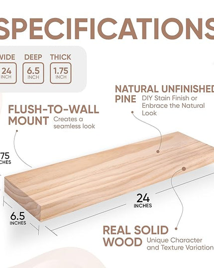 Homeforia 24 inch Wood Floating Shelves, High End Solid Natural Wood 24inch Floating Shelf for Wall, Unfinished Wooden 24 inches Floating Shelves, Heavy Duty Bracket, 24 X 6.5 X 1.75 in, Set of 2