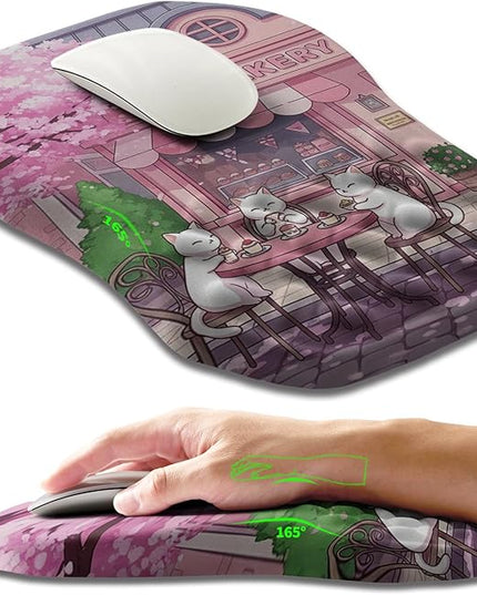 Ergonomic Slope Mouse Pad Wrist Support, Wrist Rest Mousepad for Carpal Tunnel Pain Relief with Massage Bulge and Slow Rebound Memory Foam (12x8 inch, Cat Bakery)