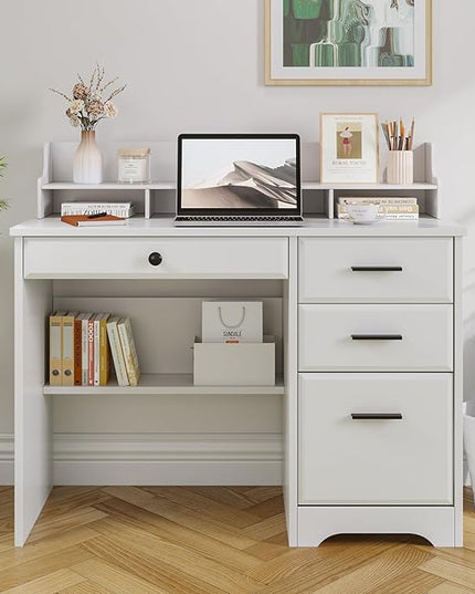 4 EVER WINNER White Desk with Drawers, Small Desk with File Drawer for Small Spaces, Writing Desk with Monitor Stand Wood Table for Study Home Office, White
