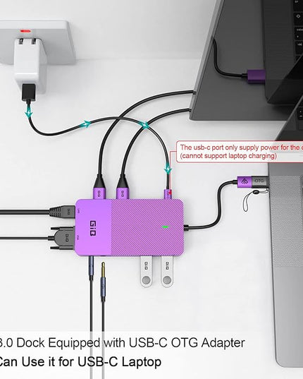 USB Docking Station GIQ USB C HUB USB 3.0 to Dual HDMI VGA Adapter Triple Display USB C Laptop Docking Station Dual Monitor HDMI Splitter Extender Compatible with MacBook M1 M2 USB Dock-Purple