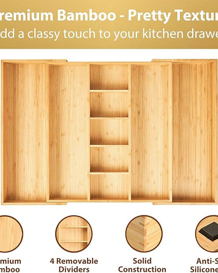 Umilife Extra Large Expandable Kitchen Drawer Organizer for Utensil and Junk, 19" Deep for Big Drawer, 17" to 28" Adjustable Bamboo Wood Drawer Divider, Cutlery Tray, Flatware Holder