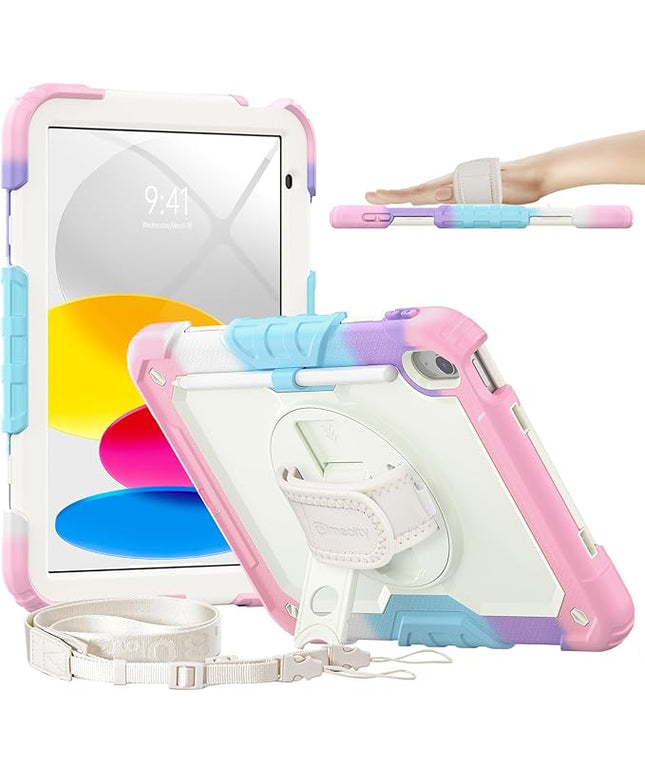 timecity for iPad (A16) 11th/ 10th Generation Case 11''/ 10.9 Inch (2025/2022) - Heavy Duty Protective Cover with Screen Protector, Stand, Shoulder Strap & Pencil Holder | Kids-Friendly - Pink Camo