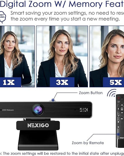 NexiGo Zoom Certified, N950P 4K Zoomable Webcam with Remote Control, Sony_Starvis Sensor, 5X Digital Zoom, Pro Web Camera with Dual Stereo Mics, for Zoom Skype Teams Twitch