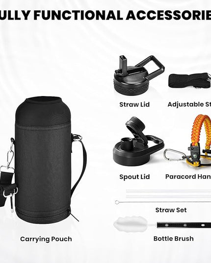 Insulated Water Bottle 32 oz, Triple Wall Vacuum Stainless Steel (Cold for 48 Hrs), Leak Proof & Non-BPA, Modern Water Flask Jug with Paracord Handle & Straw Spout Lids, Ombre Orange