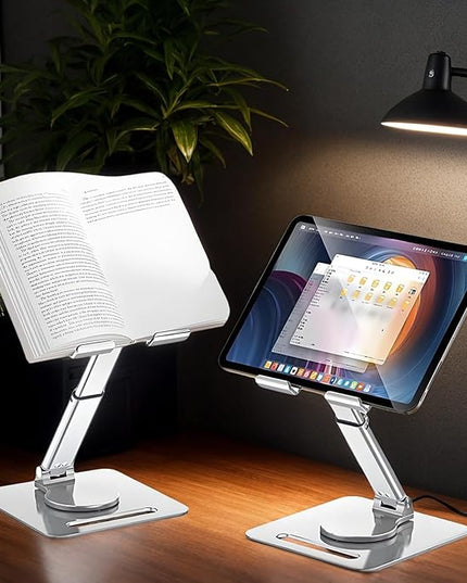 GuaziV 360° Rotating Tablet Stand - Adjustable iPad Tablet Holder for Desk, Foldable iPad Swivel Stand for Home & Office (Polished Silver)