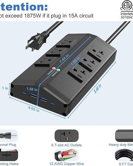 JUNNUJ Heavy Duty Surge Protector Power Strip with 6 Plug 4 USB Ports, 20 Amp 12 Gauge 6 FT Extension Cord with Multiple Outlets. Metal Wall Mount Outlet Extender for Garage Industrial Shop