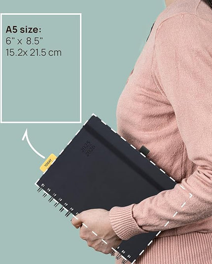 POPRUN Daily Planner 2025-2026 One Page per Day (6'' x 8.5'') with Spiral Bound Leather Soft Cover, Academic Year Appointment Book (Jul.2025 - Jun.2026) with Hourly Slots, Inner Pocket- Forest Green