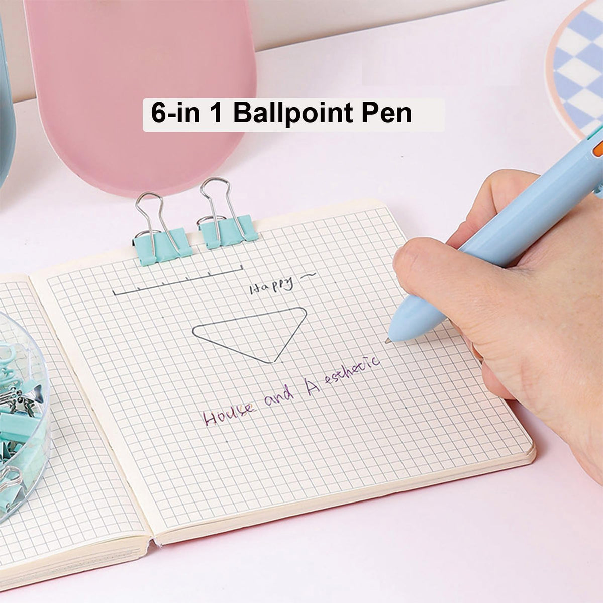MOZXIRZ 6 Pcs Cute Pink Stationery Set Kawaii School Supplies Office Supplies Women Stationery Kit Including Ballpoint Pens Pencil Highlighter Correction Tape Ruler Eraser (Blue)