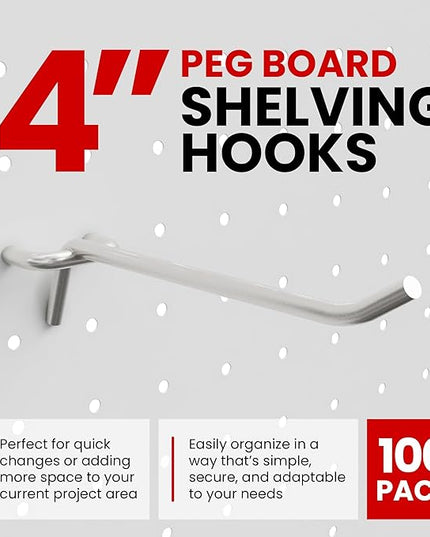 100 Pack PEG Board Pegboard Shelving Hooks 4" Length Wholesale Lot