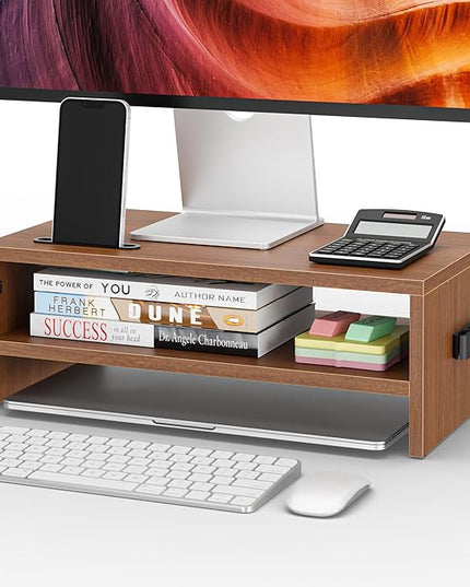 BONTEC Wooden Monitor Stand Riser, 2-Tier Desk Shelf with Storage Organizer, Ergonomic Computer Stand with Cable Management, Cellphone Holder, Walnut, 16.5 Inch
