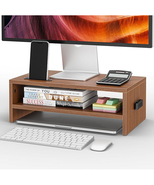 BONTEC Wooden Monitor Stand Riser, 2-Tier Desk Shelf with Storage Organizer, Ergonomic Computer Stand with Cable Management, Cellphone Holder, Walnut, 16.5 Inch