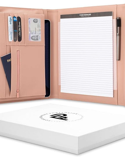 FOREVERMORE PORTFOLIOS Padfolio Binder Organizer for Women | Faux Leather Portfolio Folder for Resume, Documents, Notebook, Tablet and Business Cards | Notepad Included - Pink