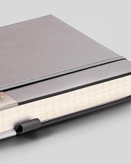 EMSHOI Dotted Notebook - 256 Pages A5 Dot Grid Journal Bullet Notebook with 120gsm Thick Dotted Paper,16 Perforated Pages, Hardcover Leather, Pen Holder, Inner Pocket, 5.75'' × 8.38''-Dark Grey