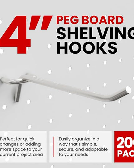 200 Pack PEG Board Pegboard Shelving Hooks 4" Length Wholesale Lot