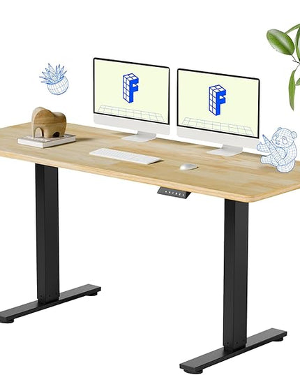 FLEXISPOT EN1 One-Piece Solid Wooden Standing Desk 63 x 24 Inches Height Adjustable Electric Sit Stand Home Office Desks (Black Frame + Rubber Wood Top, 2 Packages)