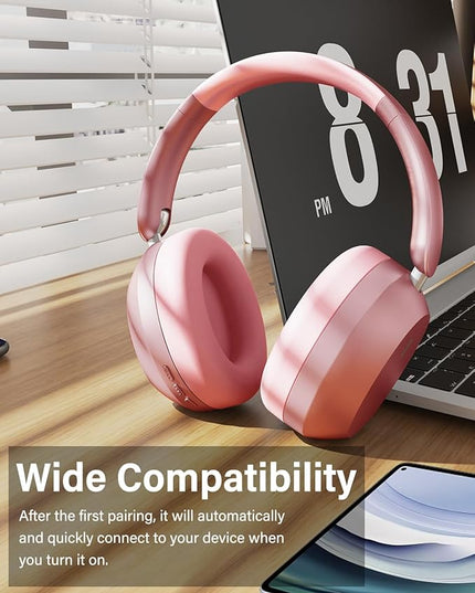Wentronic Y05 Bluetooth Headphones Wireless Over Ear Noise Cancelling with Microphone 48 Hours Playtime, High Sound Quality Foldable Soft Earpads Headphones for Travel-Pink