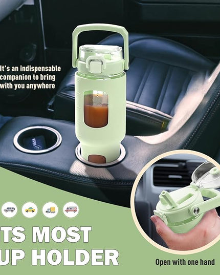 BLUEGO 32oz Glass Tumbler with Lid and Handle, Iced Coffee Cup with Straws, Glass Water Bottle with Silicone Sleeve and Volume, Marker Glass Cup with Time Marking, BPA Free, Green