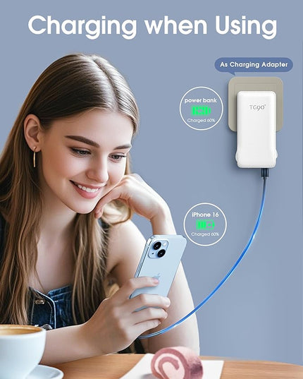TG90° Portable Charger Power Bank with Built-in AC Wall Plug and Cables, 10000mAh USB C External Battery Charger Compatible with iPhone and Android Phones