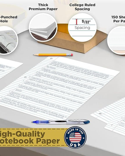 Woodlake Loose Leaf Paper, College Ruled Notebook Paper, 8 x 10.5”, 150 Sheets per Pack, 3 Pack Bulk Lined Filler Paper, 3 Hole Punched, 60gsm, Made in USA
