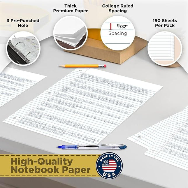 Woodlake Loose Leaf Paper, College Ruled Notebook Paper, 8 x 10.5”, 150 Sheets per Pack, 3 Pack Bulk Lined Filler Paper, 3 Hole Punched, 60gsm, Made in USA