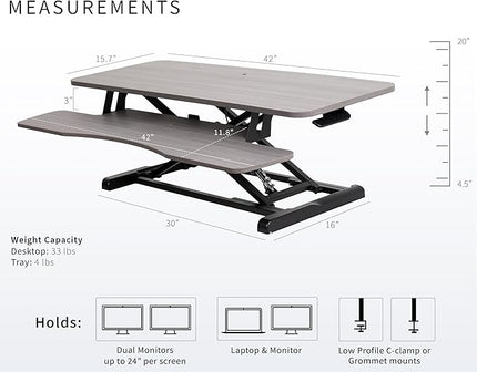 VIVO 42 inch Desk Converter, K Series, Height Adjustable Sit to Stand Riser, Dual Monitor and Laptop Workstation with Wide Keyboard Tray, Gray Top, Black Frame, DESK-V042KG