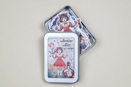 42 Pcs Another Alice Sticker Set with Collectible Tin Box – Vintage Inspired Scrapbooking Stickers for Journals, Planners, Cards, DIY Crafts, Collage, Decorative Stationery & Creative Projects