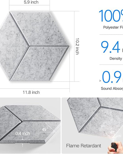 12 Pack Self-Adhesive Acoustic Panels 12" X 10" X 0.4" - Sound Proof Foam Panels with High Density,Stylish Y-Lined Design, Flame Resistant, Absorb Noise and Eliminate Echoes(Silver Gray)