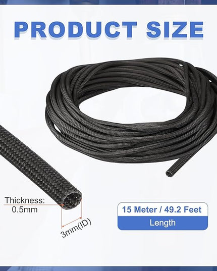 uxcell Insulation Cable Protector,3mm/0.12 Inch-15m/49 Feet High Temp Fiberglass Sleeve Black
