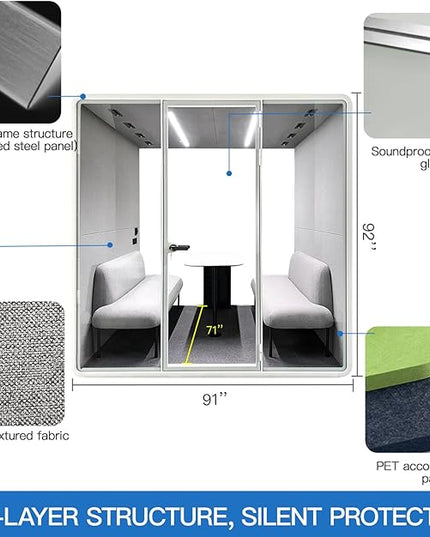 Soundproof Office Pod Booth, Quiet Meeting Pod with Acoustic Panels, Portable Modular Pod, Privacy Booth for Private Phone Calling, 4 People Personal Workspace with Sound Isolation H92in W91in D71in