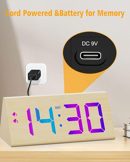 Wooden Digital Alarm Clock with Dual USB Charging Ports, DST, Dimmable, Snooze, RGB Colors, Modern Large Time Display LED Clock for Kids Bedrooms, Living Room, Desk,Table, Bedside,Nightstand (Bamboo)