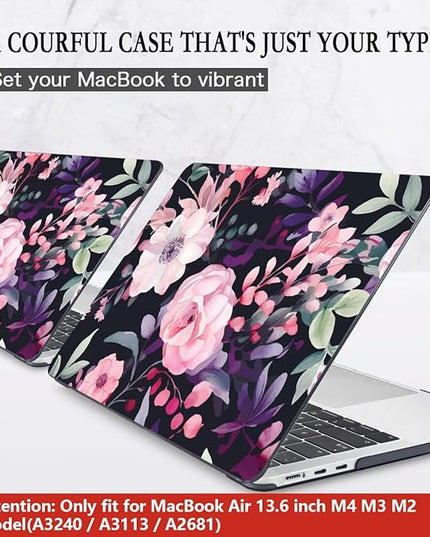 CISSOOK Compatible with MacBook Air 13.6 inch Case 2025 2024 2022 Release Model A3240 A3113 A2681, Flower Plastic Hard Shell Case Black Cover for MacBook Air 13 inch M2 M3 M4 - Pink Flowers