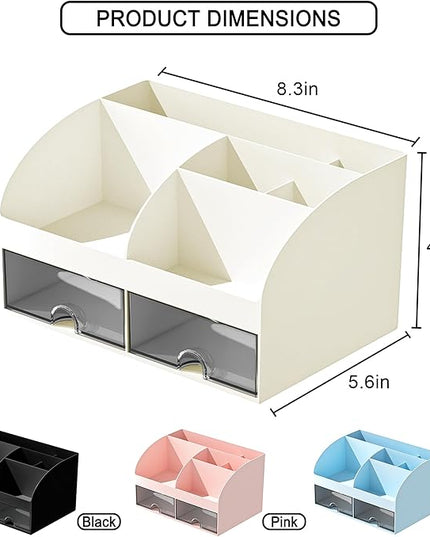 Desk Organizer with 6 Compartments and 2 Drawers, Plastic Makeup Organizer, Pen Holder for Desktop Storage, Desk Organization for School, Home, Office Supplies (Ivory)