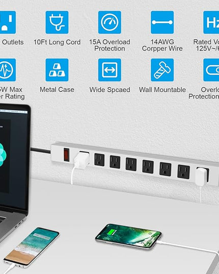 JUNNUJ Metal 8 Outlet Power Strip, Mountable Heavy Duty Power Strip, 1200J Surge Protector Wall Mount Screws Outlet with Switch, Gaming Desk Strips Wide Spaced 15A 125V 1875W, 10 FT 14AWG Power Cord