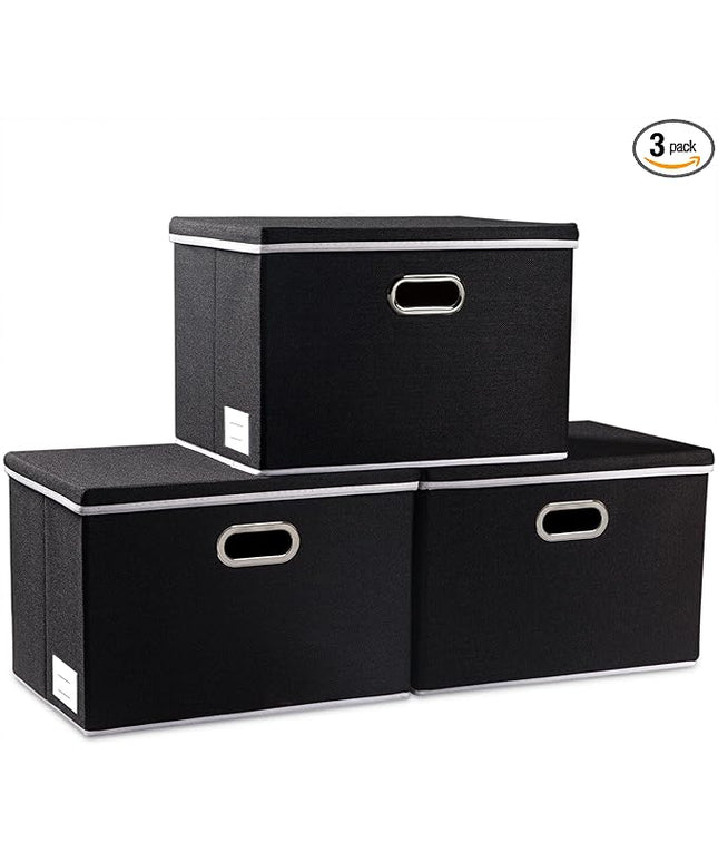 PRANDOM Extra Large Collapsible Storage Bins with Lids [3-Pack] Linen Fabric Foldable Storage Baskets Boxes Organizer Containers Cube with Cover for Bedroom Closet Office Nursery (22.8x15.7x13.8)