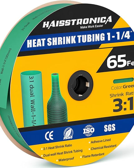 haisstronica 3:1 Heat Shrink Tubing, Shrink Ratio Adhesive Lined Marine Grade Heat Shrink Tube for Home, Automotive and Industrial (Green) 65FT 1-1/4inch