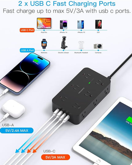 Black Extension Cord 15 Ft, HANYCONY Power Strip with 1080J Surge Protection, 12 Outlets with 4 USB Ports(2 USB C), Wall Mount, Desk Charging Station for Office Home College Dorm Room Essentials