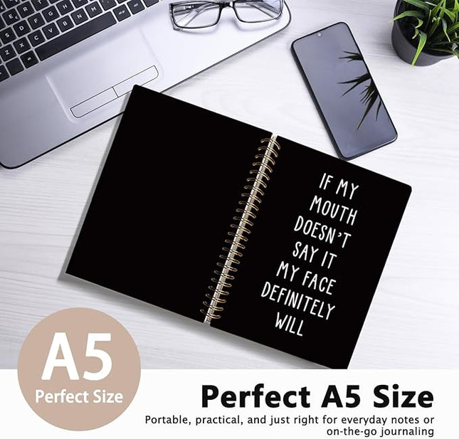 LIANGW Funny Notebooks Journal, Sarcastic Notebooks for Work, Funny Notebooks for Work, If My Mouth Doesn't Say It My Face Will, Black Hardcover Spiral Notebook 5.5x8.3 Inch