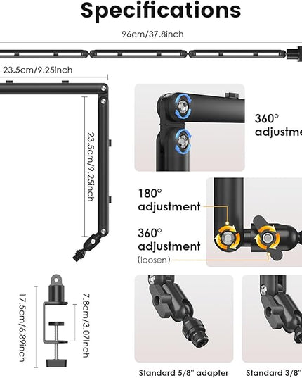 Adjustable Microphone Boom Arm for Lightweight Mics, 30-inch Rotatable Desk Stand with Cable Management & 3/8" 5/8" Threads, Space-Saving Design for Streaming, Podcasting, Gaming (Black)