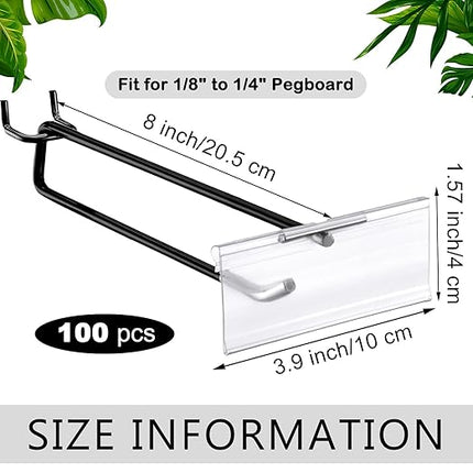 Tandefio 100 Pack 8 Inch Black Metal Peg Board Hooks with Clear Plastic Label Holder Stainless Steel Display Pegboard Hooks for 1/8'' to 1/4'' Pegboard Wall for Garage Storage Retail Shop Supplies