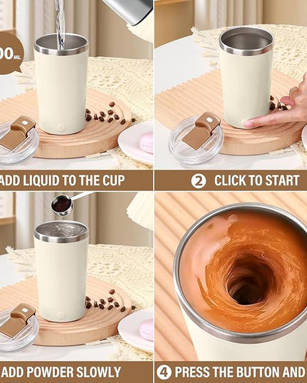 hatisan Self Stirring Coffee Mug With Lid Electric High Speed Self Stirring Mug 400ml Rechargeable Detachable Stainless Steel Self Stirring Cup for Coffee, Milk, Cocoa Christmas Gift(Beige)