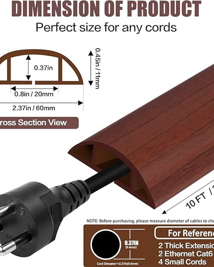 Floor Cord Cover Cavity 0.8"x0.37" Self Adhesive Cord Hider, 10FT Low Profile Cable Management, Extension Strip Protector for Wires, Prevent Cable Trips for Offices, Gyms, Exhibitions（Red Teak）