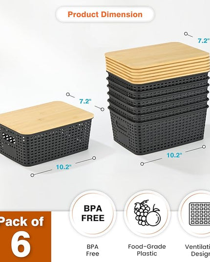 Plastic Storage Baskets With Bamboo Lid - Plastic Storage Containers Stackable Storage bins: Storage Baskets for Organizing Shelves Drawers Desktop Closet Playroom Classroom Office, 6 Pack
