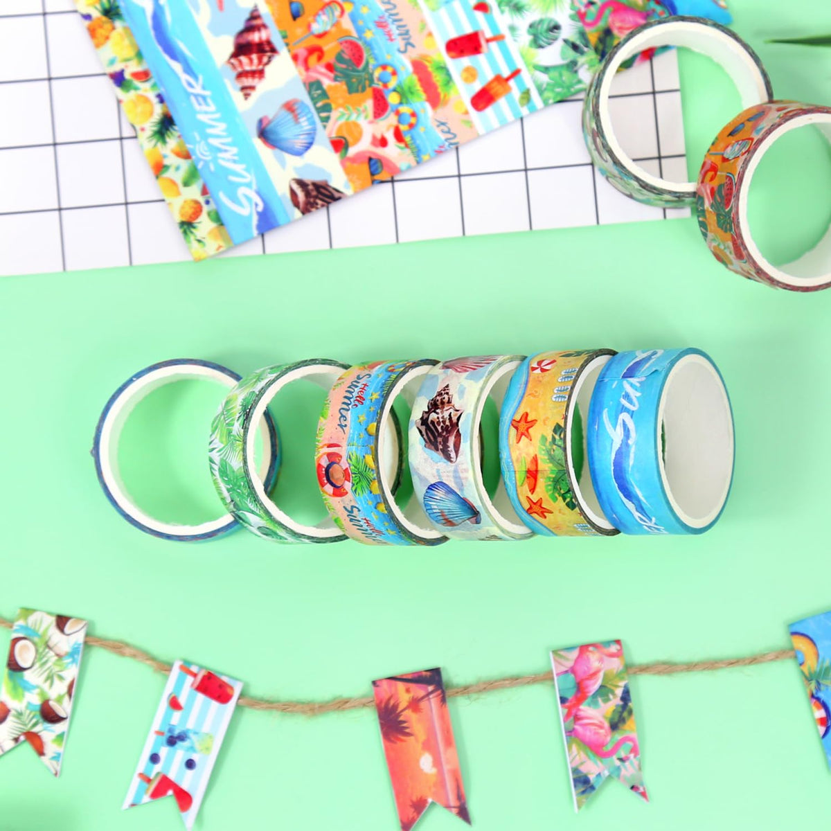 NIKOMIE Summer Washi Tape Set,12 Rolls Hawaii Beach Holiday Decorative Tape Flamingo Tropical Leaves Coconut Watermelon Pineapple Masking Tape for Journaling Supplies, Gift Wrapping, DIY Art&Crafts