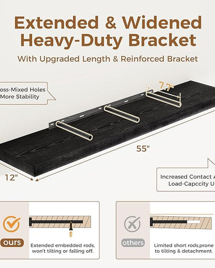 Black Floating Shelves 55 Inch Long, 12 Inch Deep Floating Shelves for Wall, 55 x 9 Large Floating Shelf for Fireplace Mantel, 2" Thicked Wall Shelves for Living Room, Bedroom Storage, 1 Pack
