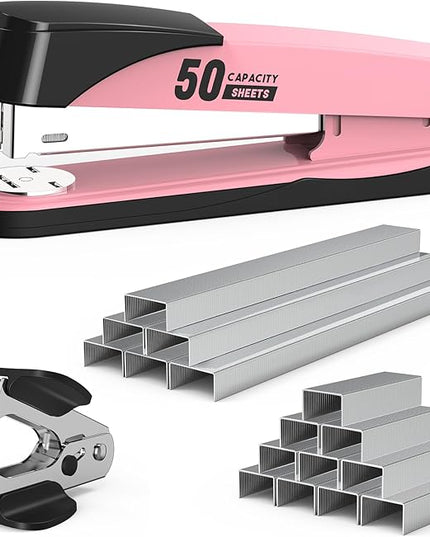 Metal Stapler Heavy Duty 50 Sheet Capacity with 1750 Staples and Staple Remover, Full Strip Staplers for Desk, No Jam, Non-Slip for Office & Classroom, Pink
