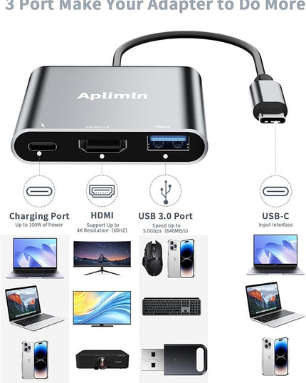 Aplimln USB C to HDMI Adapter, 4K@60Hz HDMI to USB-C Adapter with USBA 3.0 & 100W PD Port Multiport Digital AV Converter for MacBook Pro/Air, iPad, iPhone 15/16, Tablets, Switch, TV, Monitor and More