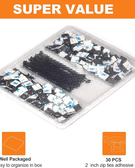 30 Pack 2 inch Zip Tie Adhesive Mounts Self Adhesive Cable Tie Base Holders with Multi-Purpose Tie wire clips with screw hole,Anchor stick on wire holder with 8 inch zip ties（Black）